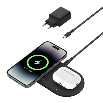 Estación magnética de carga inalámbrica 2 en 1 con tecnología Qi2 BOOST↑CHARGE Pro de 15W Negro | Belkin