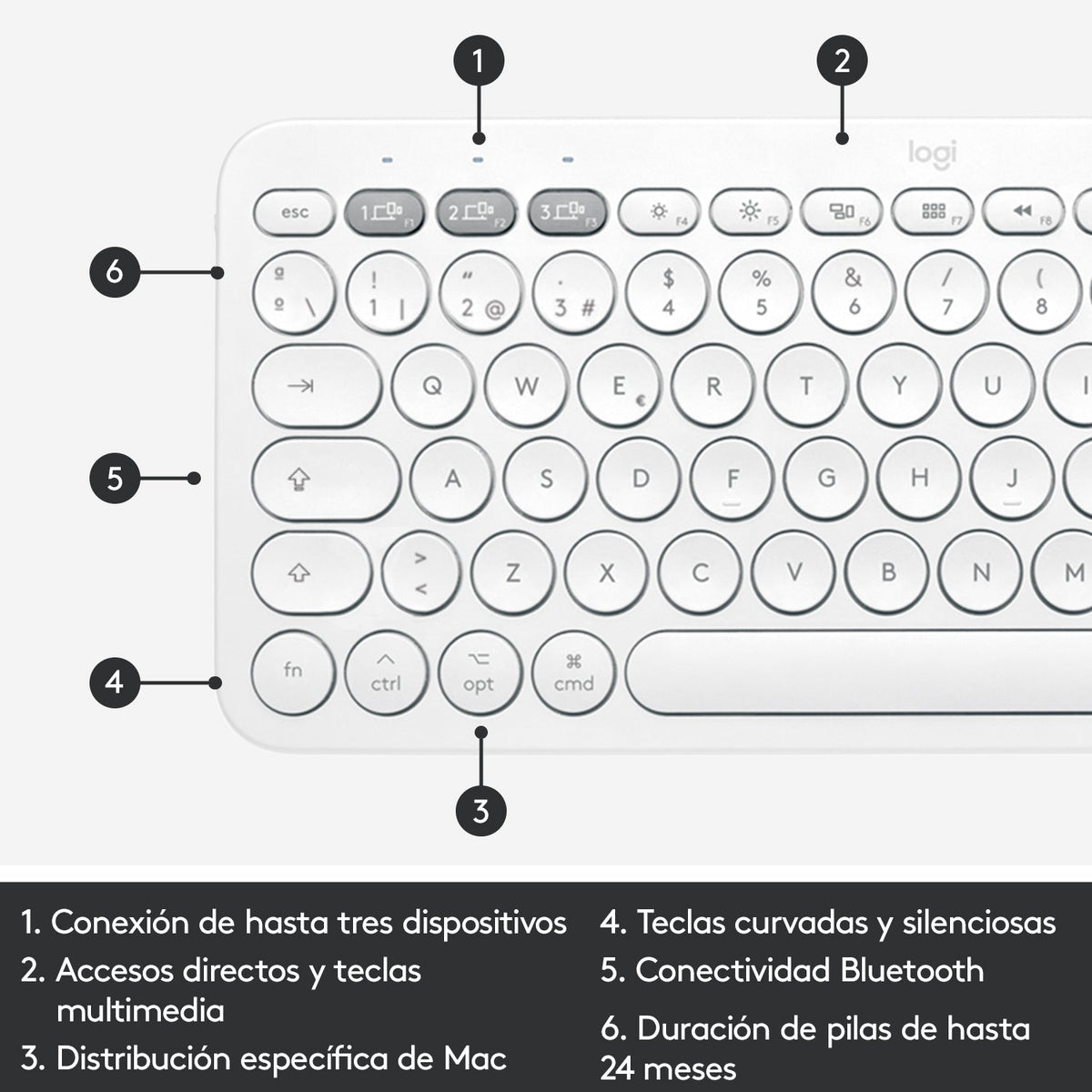 Teclado Bluetooth multidispositivo K380 de Logitech Blanco - Macnificos
