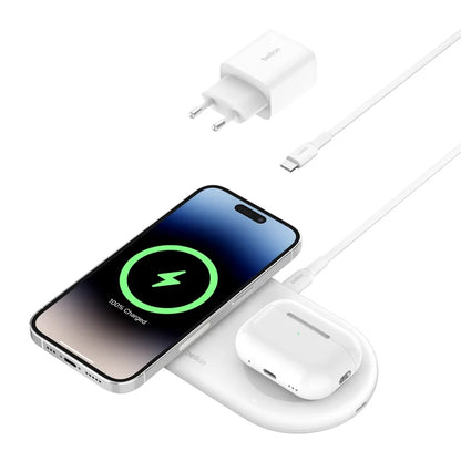 Estación magnética de carga inalámbrica 2 en 1 con tecnología Qi2 BOOST↑CHARGE Pro de 15W blanco | Belkin