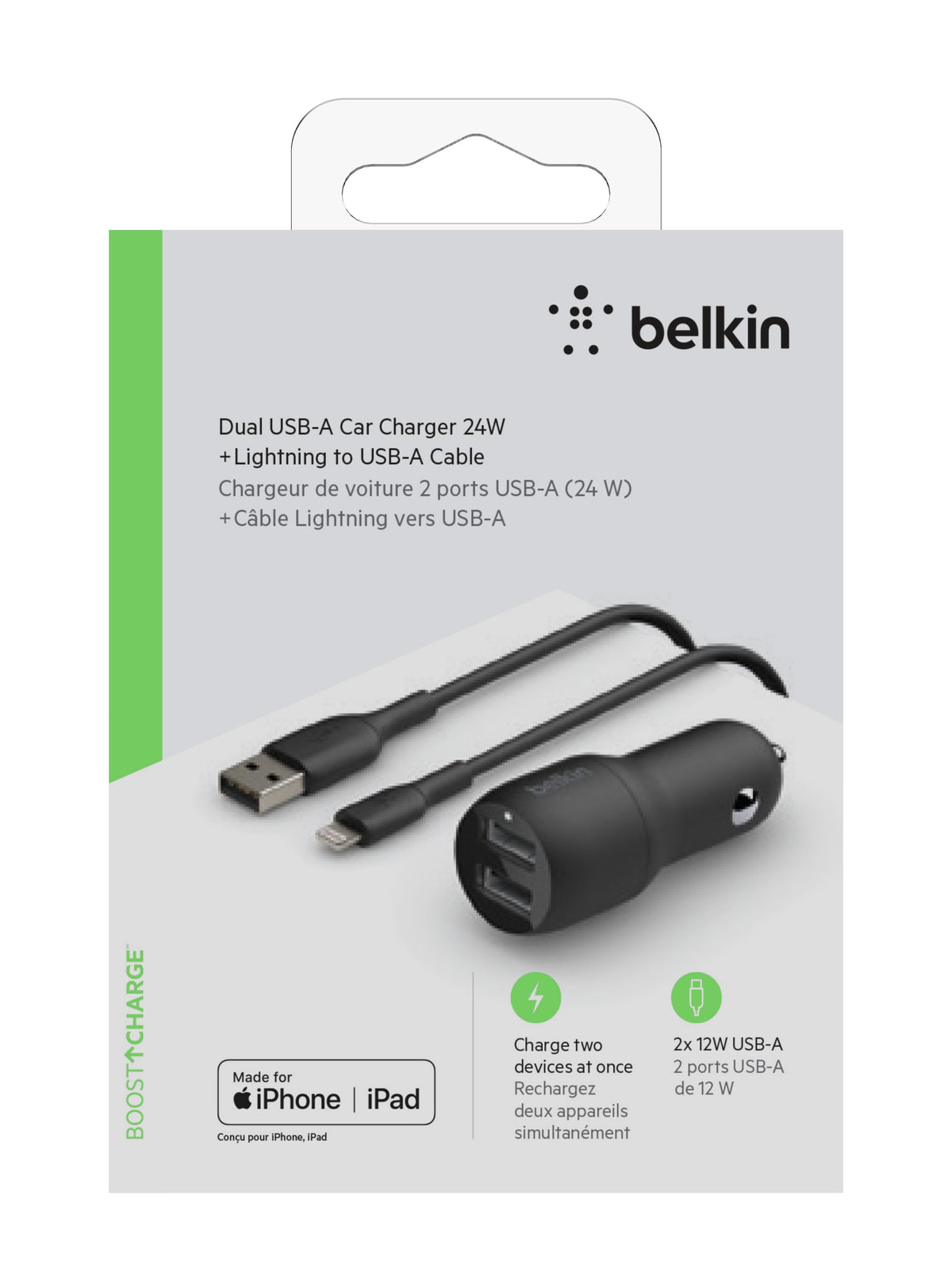 Cargador coche doble USB-A + Cable Lightning de Belkin - Macnificos