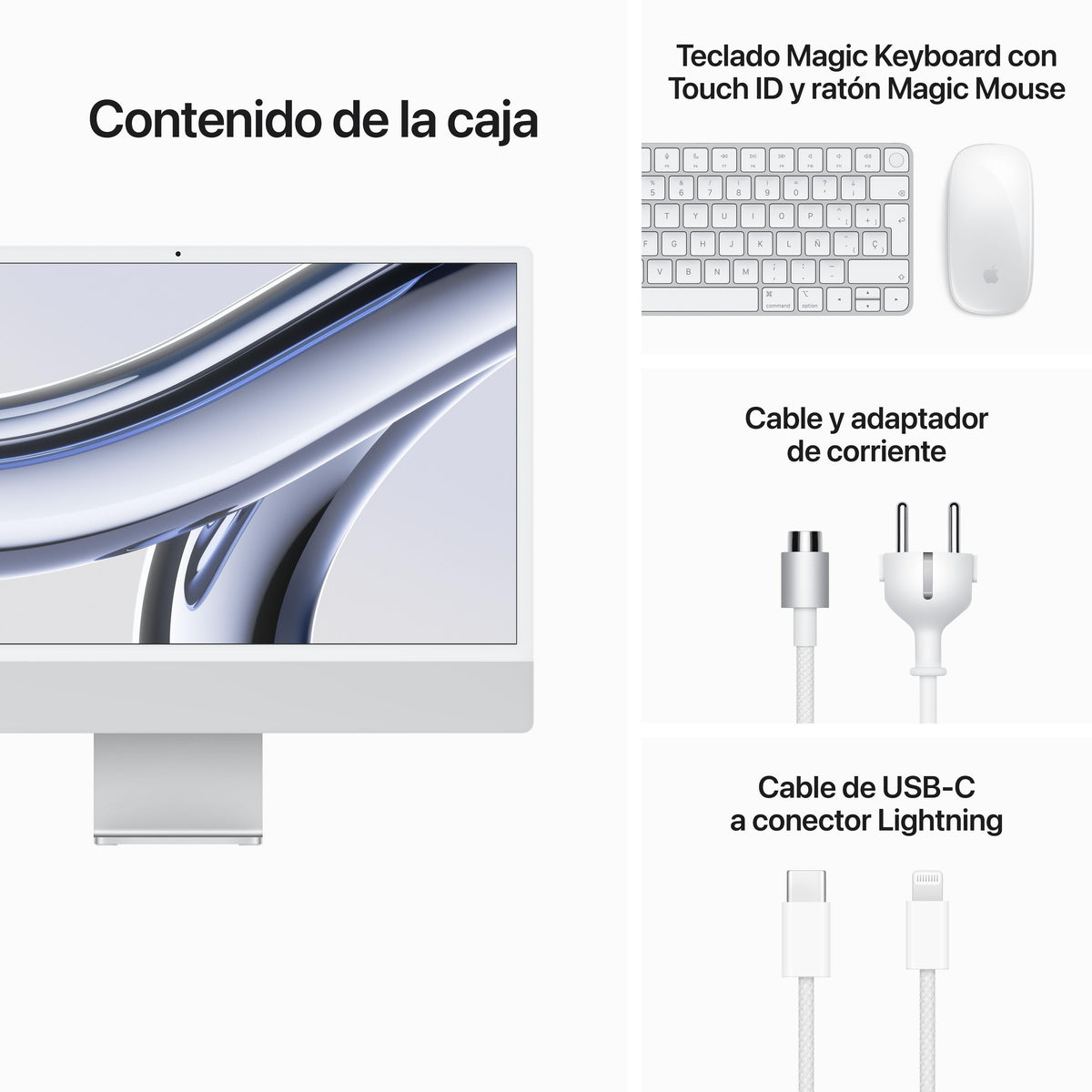 iMac con pantalla Retina 4,5K 24 pulgadas Chip M3 de 8 núcleos y GPU de 10 núcleos, 8 GB, 512 GB SSD, Magic Keyboard con Touch ID, Sin Ethernet  - Plata - Macnificos